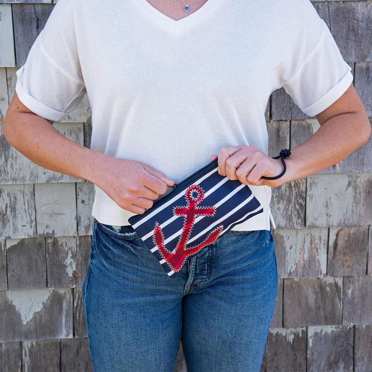 Red Anchor on Navy Stripes Wristlet - Image 2